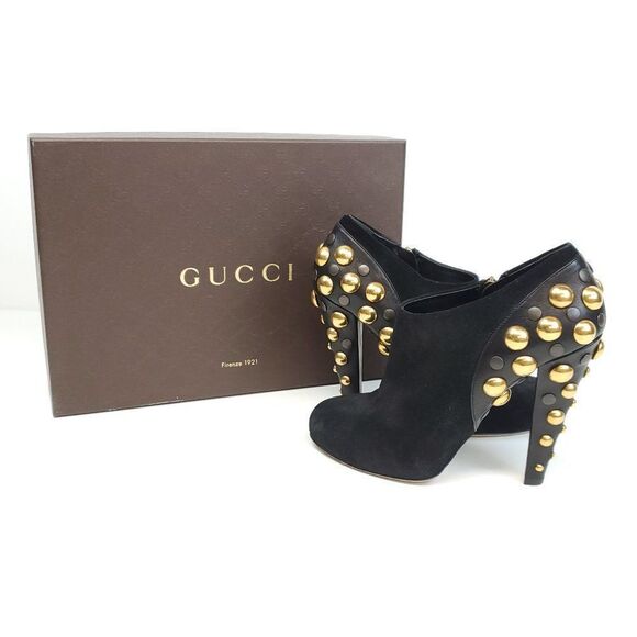 Gucci Black Suede Vintage Babouska Studded Heel Ankle Boots Size 38.5 - Picture 1 of 13